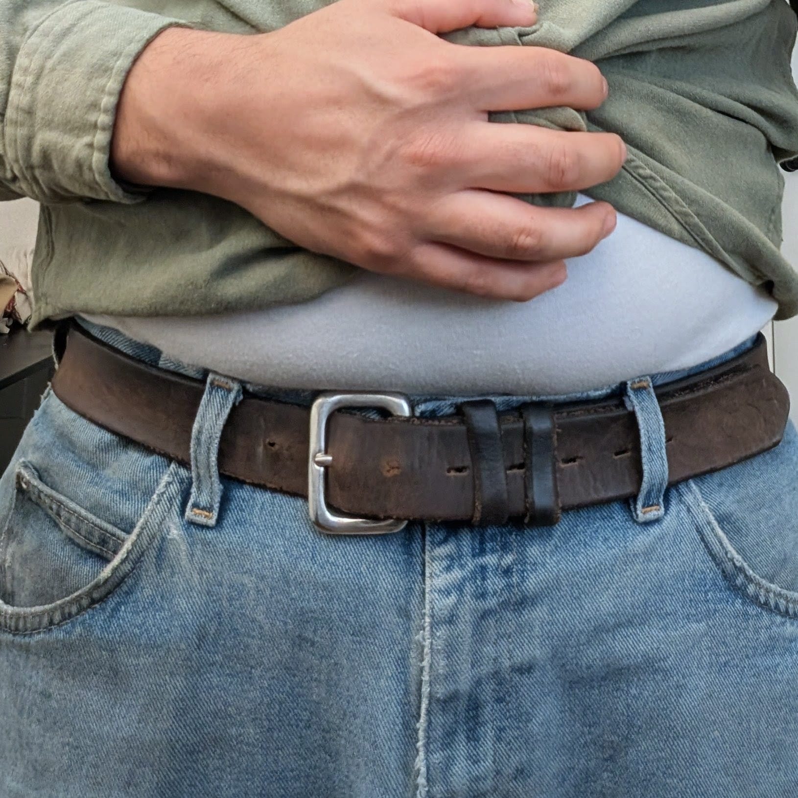 Vintage Full-Grain Horween Leather Belt – Handcrafted USA, Patina Brown, Size 34